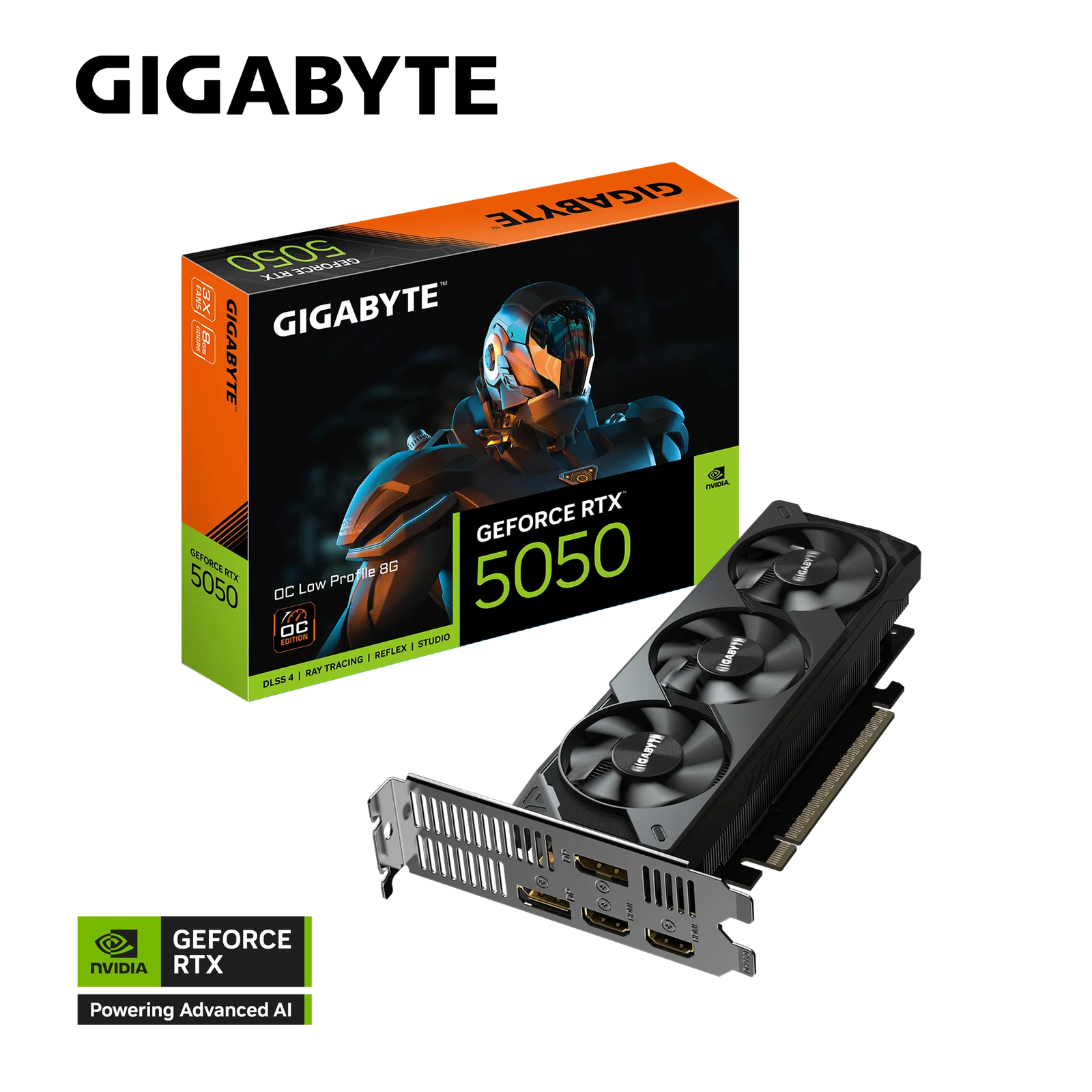 GIGABYTE GeForce RTX 5050 OC Low Profile 8GB – 8 GB GDDR6. 128‑bit. PCIe 5.0. 182 mm SFF. 2×DP + 2×HDMI. DLSS 4. Blackwell Architecture