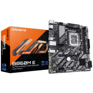 Gigabyte B860M E mATX Motherboard – LGA 1851 (Intel Core Ultra 2). DDR5 up to 9.066 MT/s OC. PCIe 5.0 & PCIe 4.0 M.2. 2.5 GbE. HDMI/DP